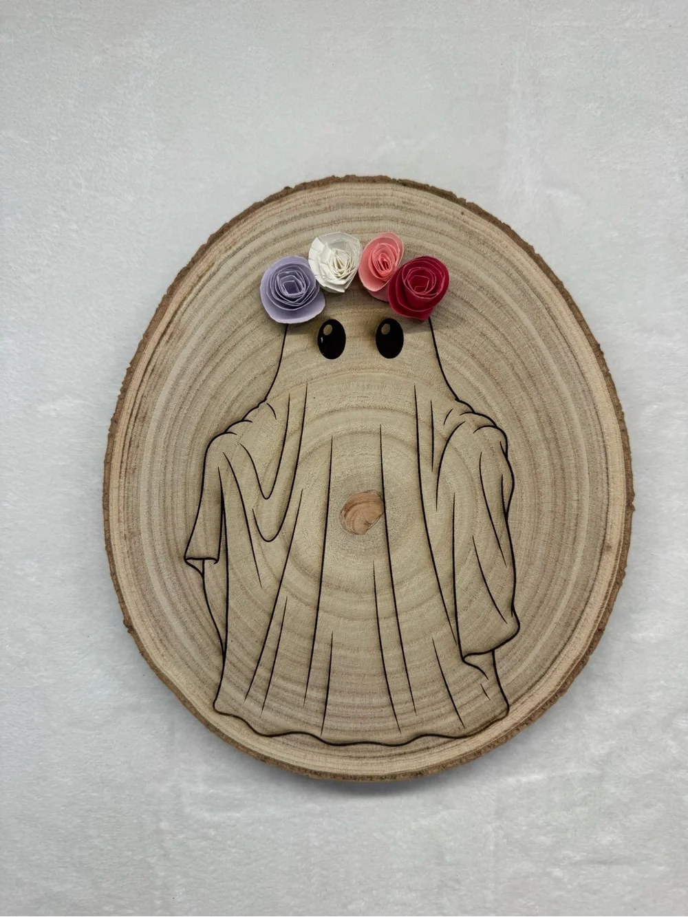 Handcrafted Floral Ghost Wood Slice Halloween Wall Decor